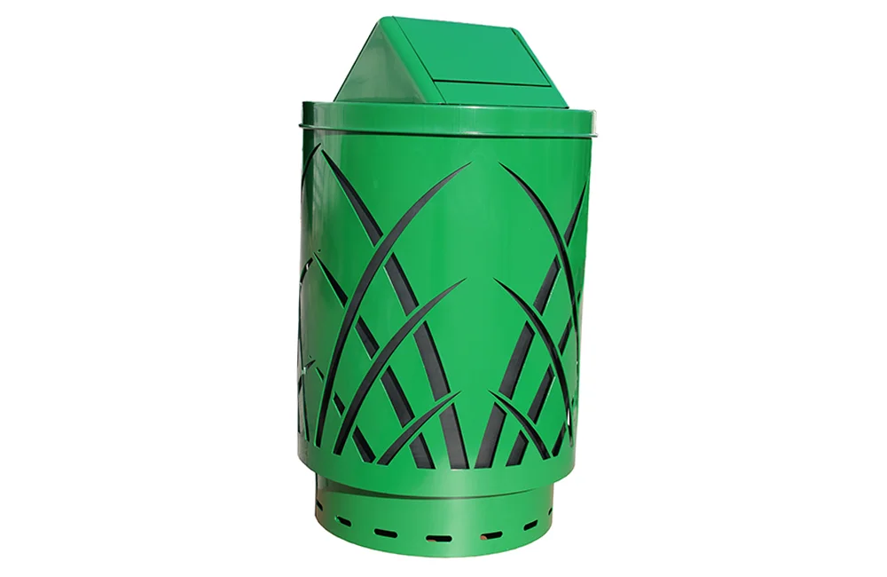Green trash can with grass design.
