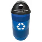 Blue recycling bin with a black lid labeled Bottles and Cans.