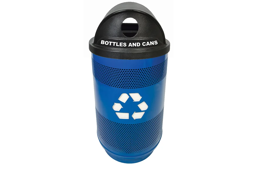Blue recycling bin with a black lid labeled Bottles and Cans.