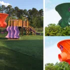 Playground equipment markers in orange and green.