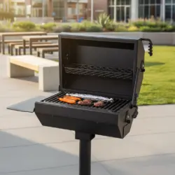 Portable outdoor grill on a stand.