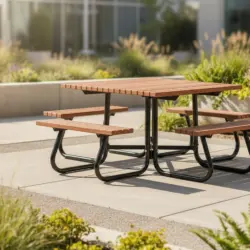 Outdoor picnic table with wooden slats and metal legs.