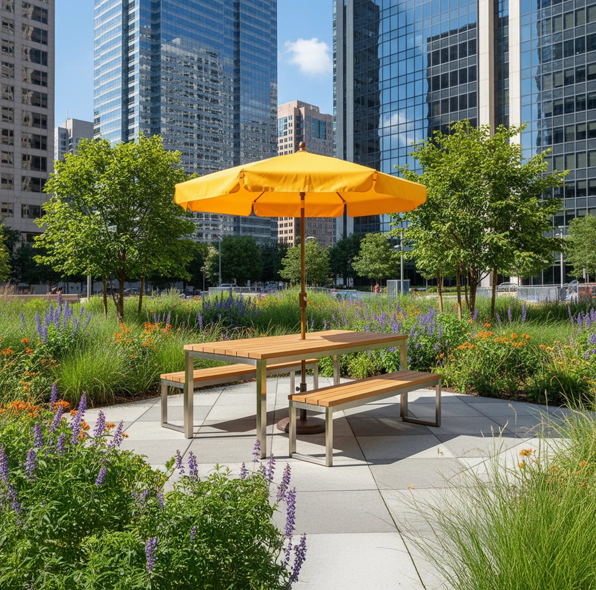 Outdoor seating area with a yellow umbrella and wooden benches in front of tall buildings.