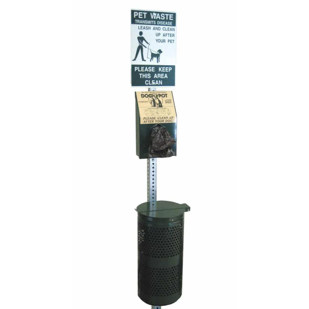 1003-Pet-Station-White Pet waste station with sign and bag dispenser.