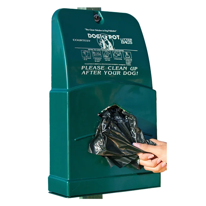 1007-JR-Poly-Dispenser-Only-1 Dog waste bag dispenser with instructions and a hand pulling out a bag.