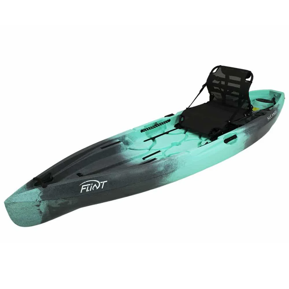 Teal and black kayak with a seat.