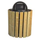 Wooden trash can with a black lid.