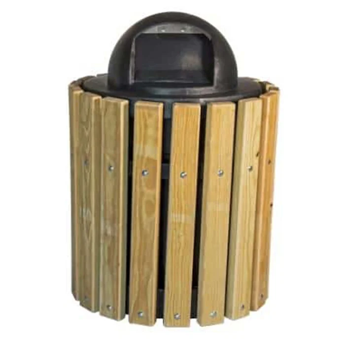 132LRSYP-web Wooden trash can with a black lid.