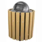 Wooden trash can with dome lid and metal rivets.