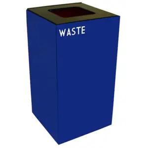 Blue waste bin with a brown lid.