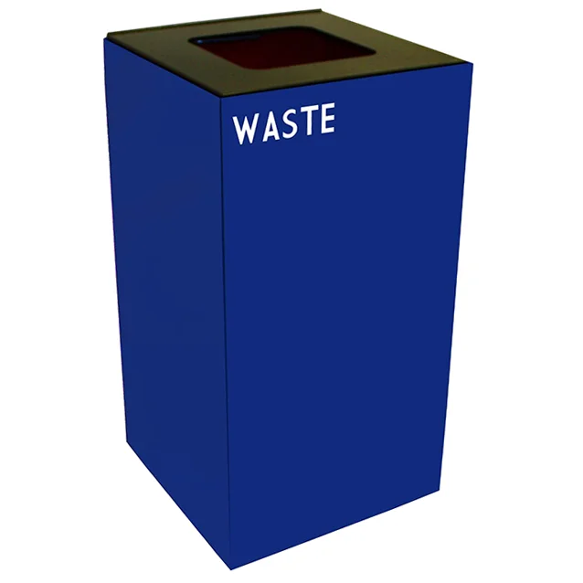 Blue waste bin with a brown lid.