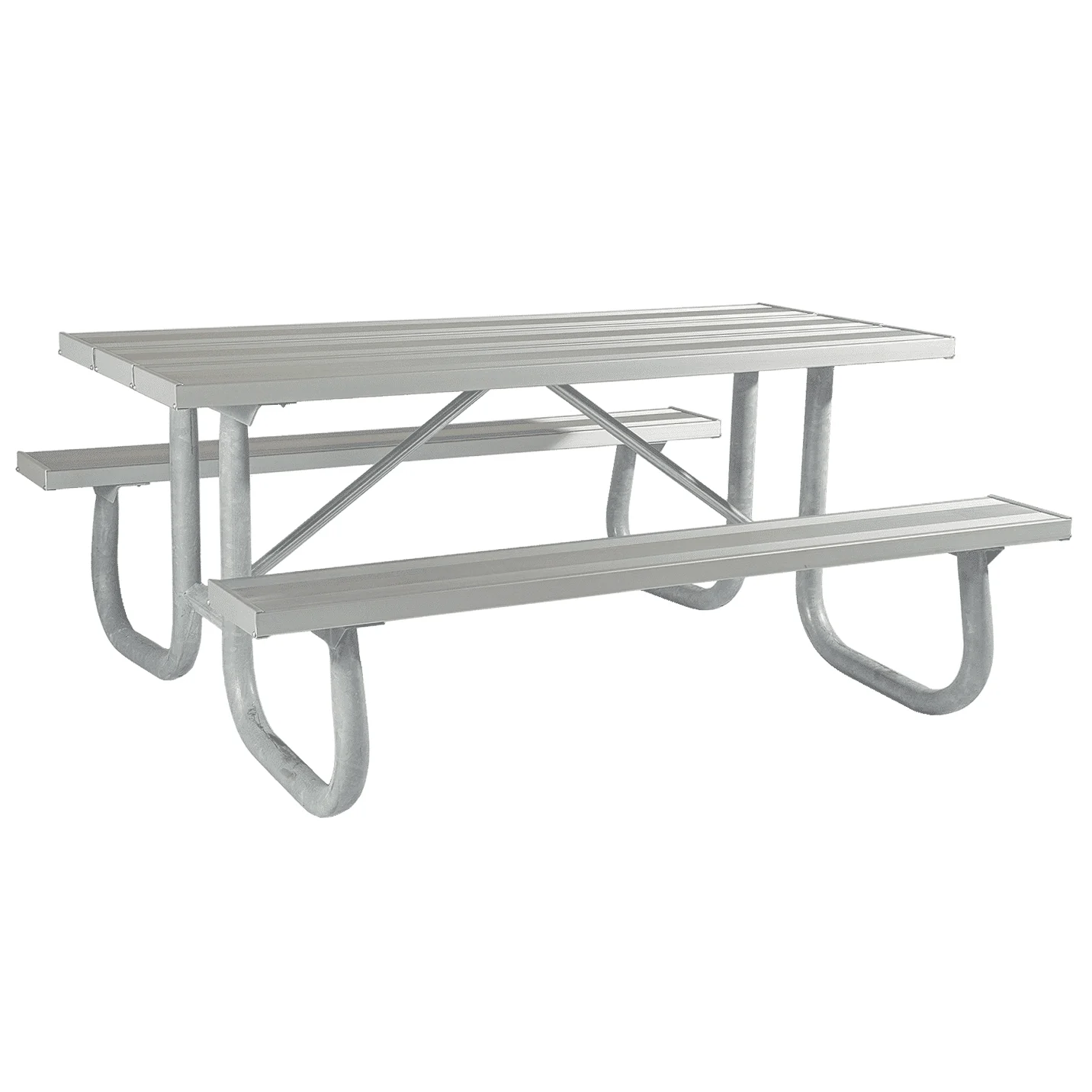 2T6A0146R Aluminum picnic table with slatted top and curved bench ends.