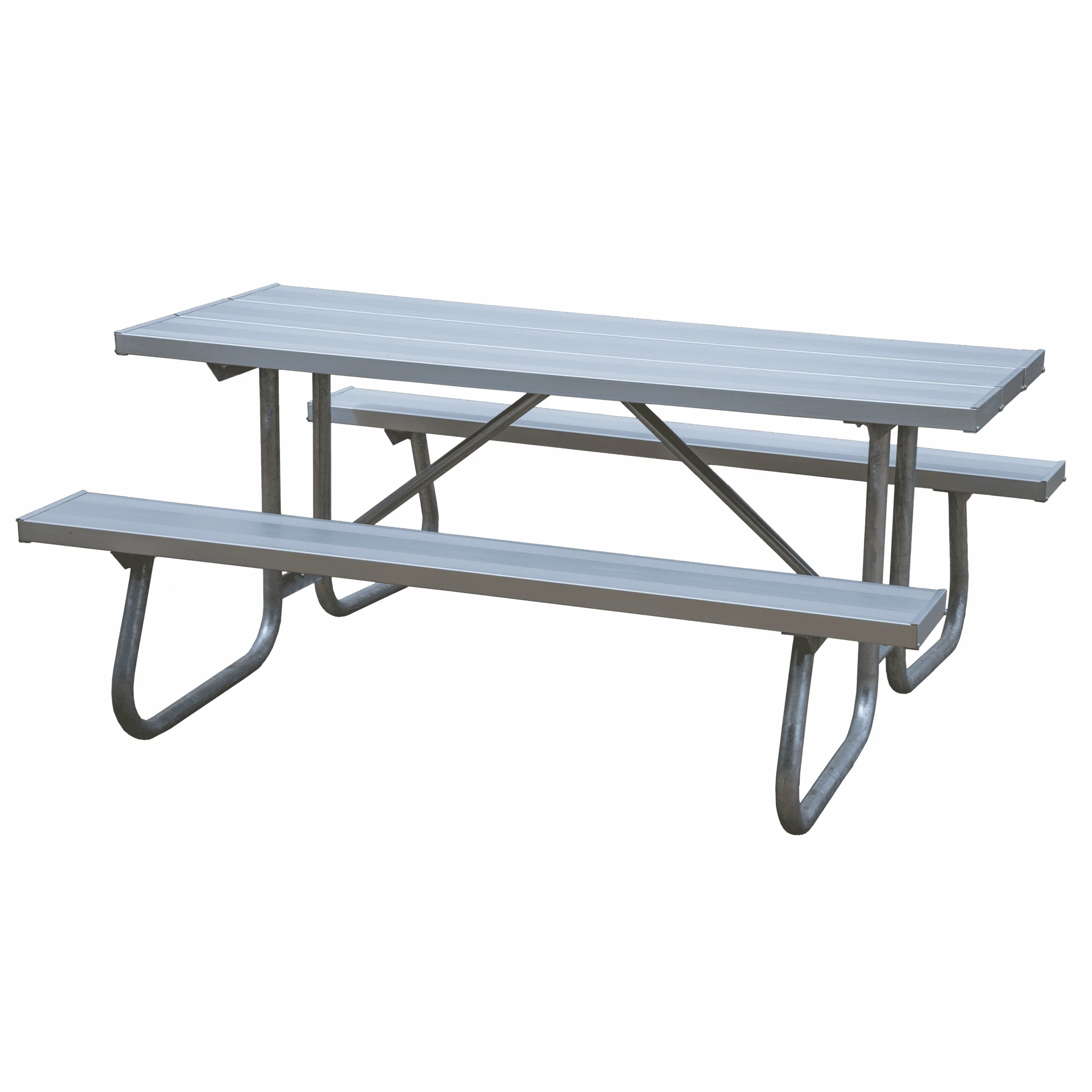 2T6A9521R-scaled Outdoor picnic table with metal frame and slatted top.