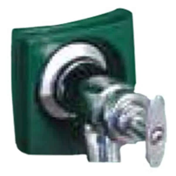 Green and silver faucet handle on a wall.