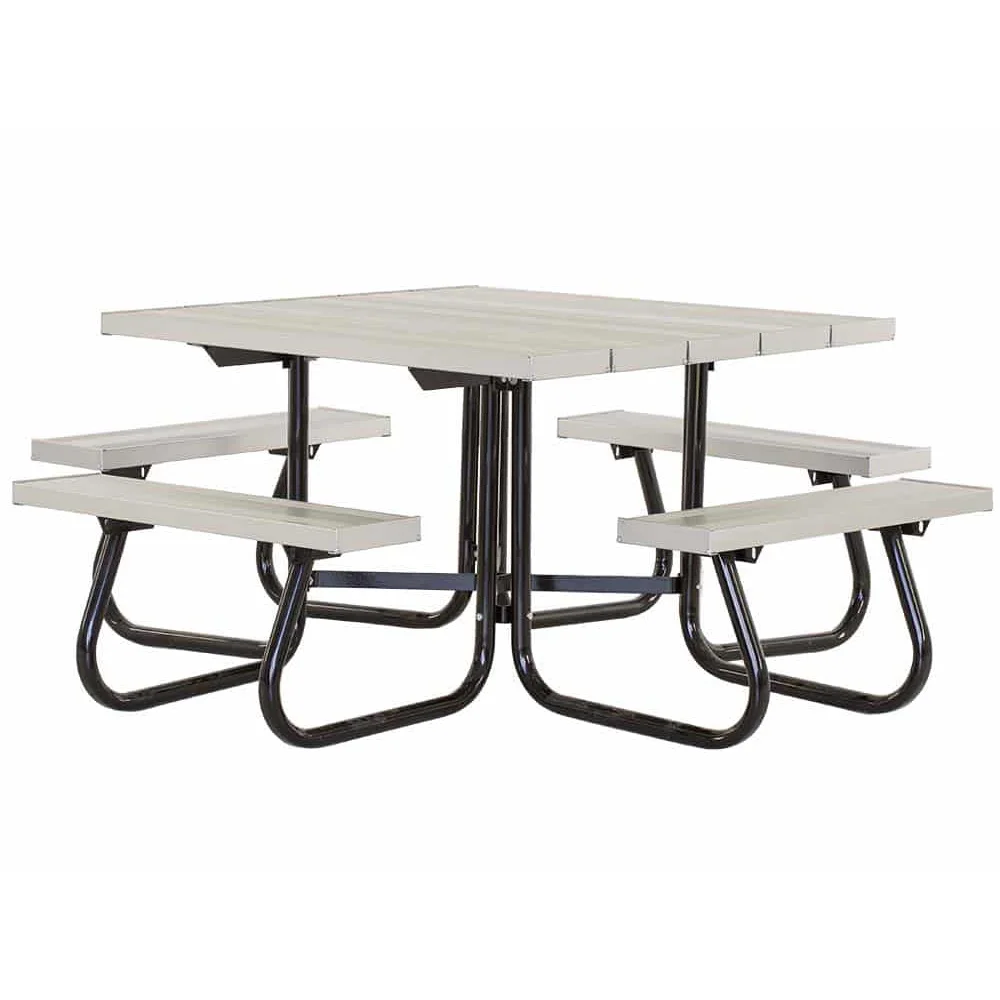 4SJCA-web Outdoor picnic table with metal frame and plastic seats.