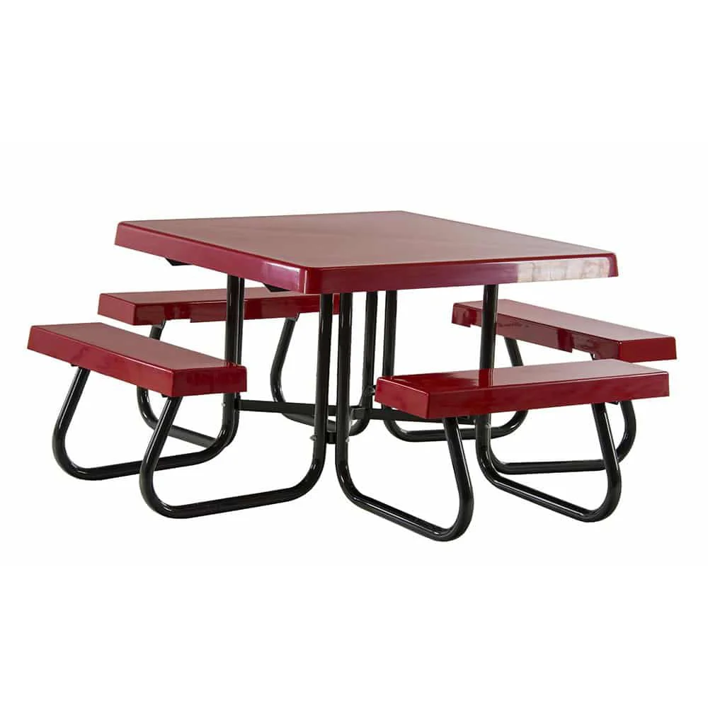 Red picnic table with black legs and benches.