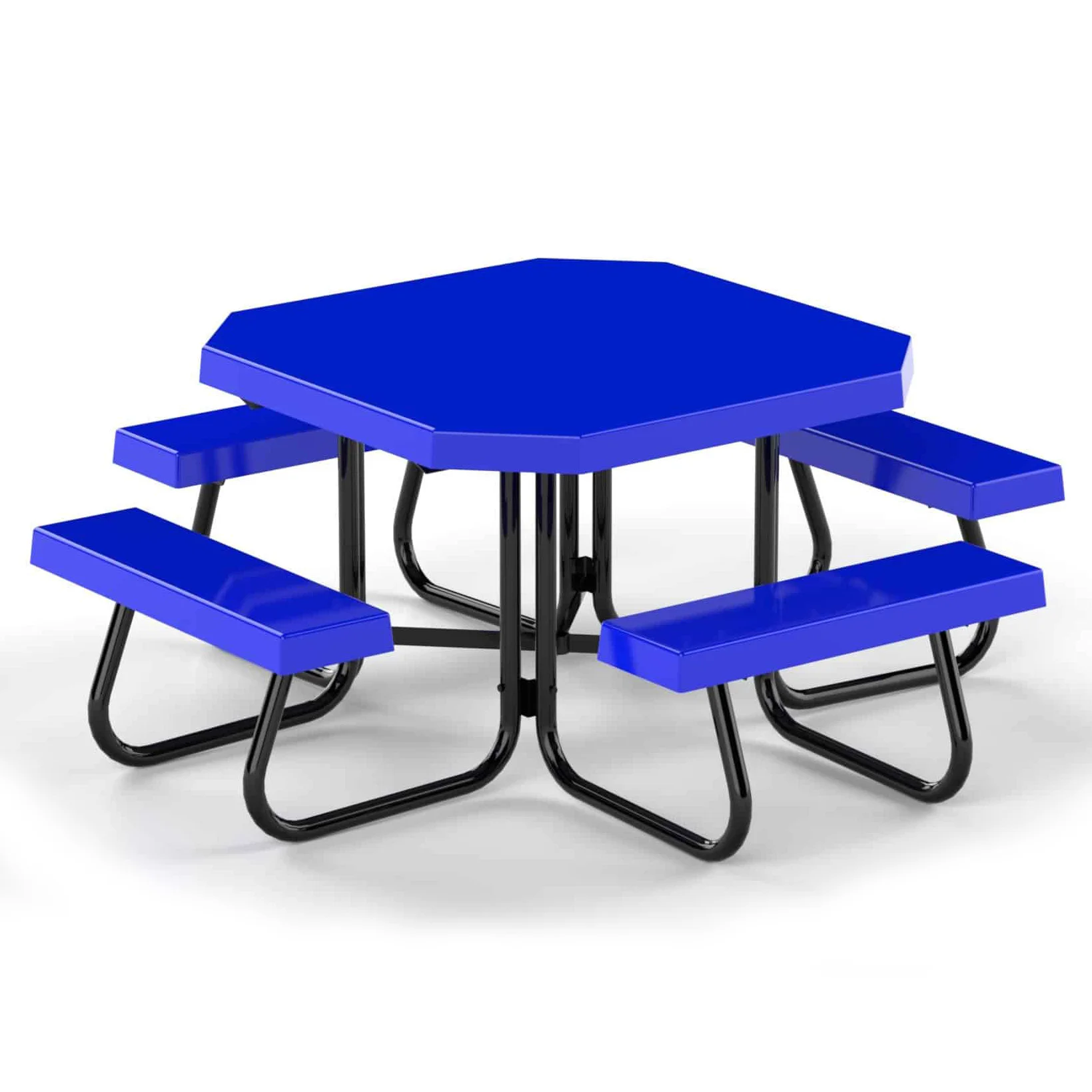 4SJCFO-Blue Hexagonal picnic table with blue top and black legs.