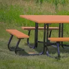 Outdoor picnic table and benches on grass.