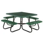 Green metal picnic table with black legs and benches.