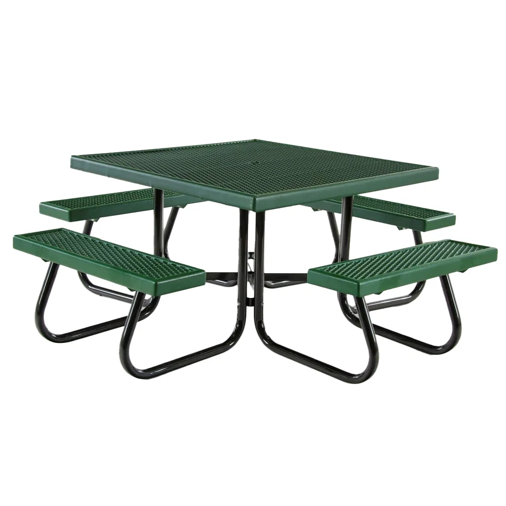 4SJCVP50 Green metal picnic table with black legs and benches.