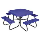 Blue octagonal picnic table with black metal frame and bench seating.