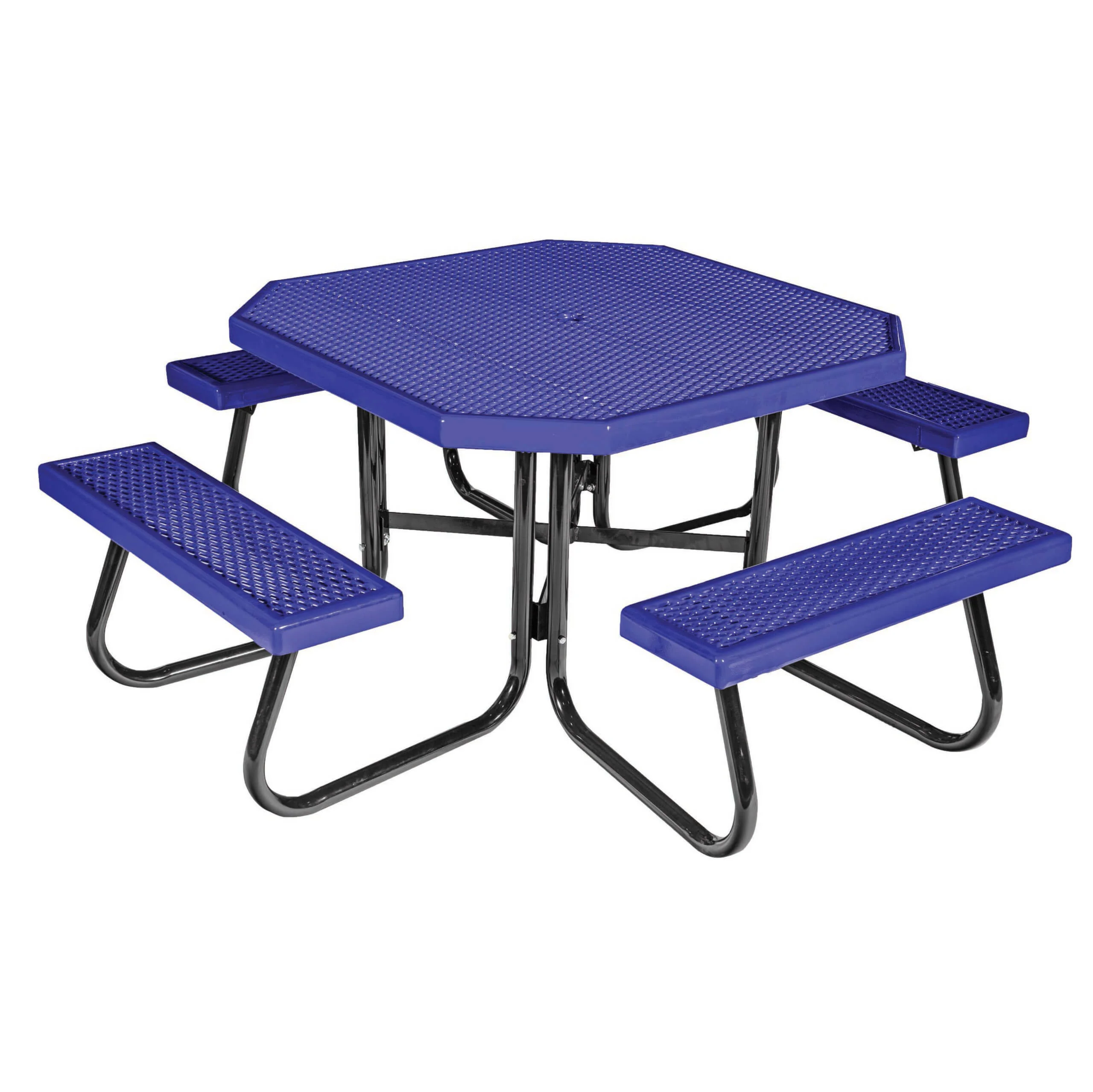 4SJCVPOblue-scaled-1 Blue octagonal picnic table with black metal frame and bench seating.