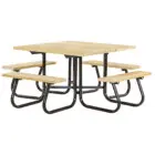 Hexagonal picnic table with black metal frame and wooden benches.