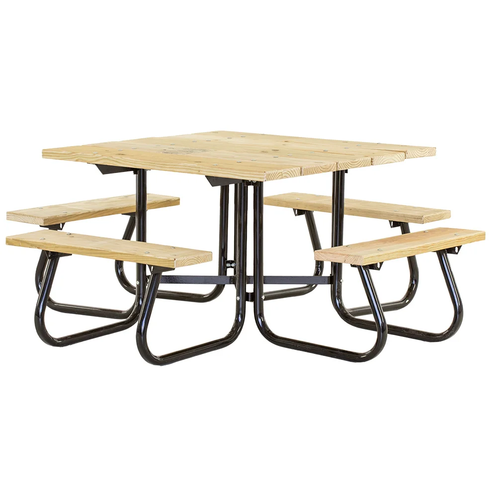 4SJCW20r-web Hexagonal picnic table with black metal frame and wooden benches.