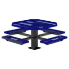 Octagonal picnic table with blue seats and black legs.