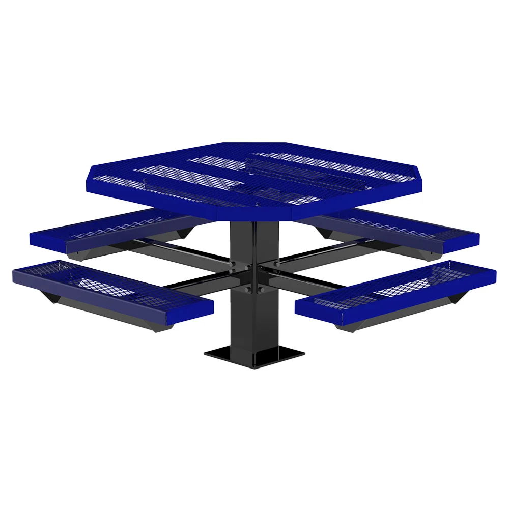 4SPTCVPO-blue-WEB Octagonal picnic table with blue seats and black legs.