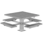 Outdoor picnic table with adjustable height and built-in benches.