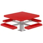 Red picnic table with four benches and a metal base.