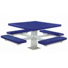 Blue picnic table with metal benches and a square top.