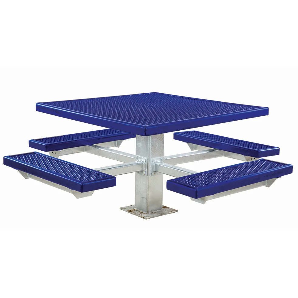4SPTGVP60rcut-blue Blue picnic table with metal benches and a square top.