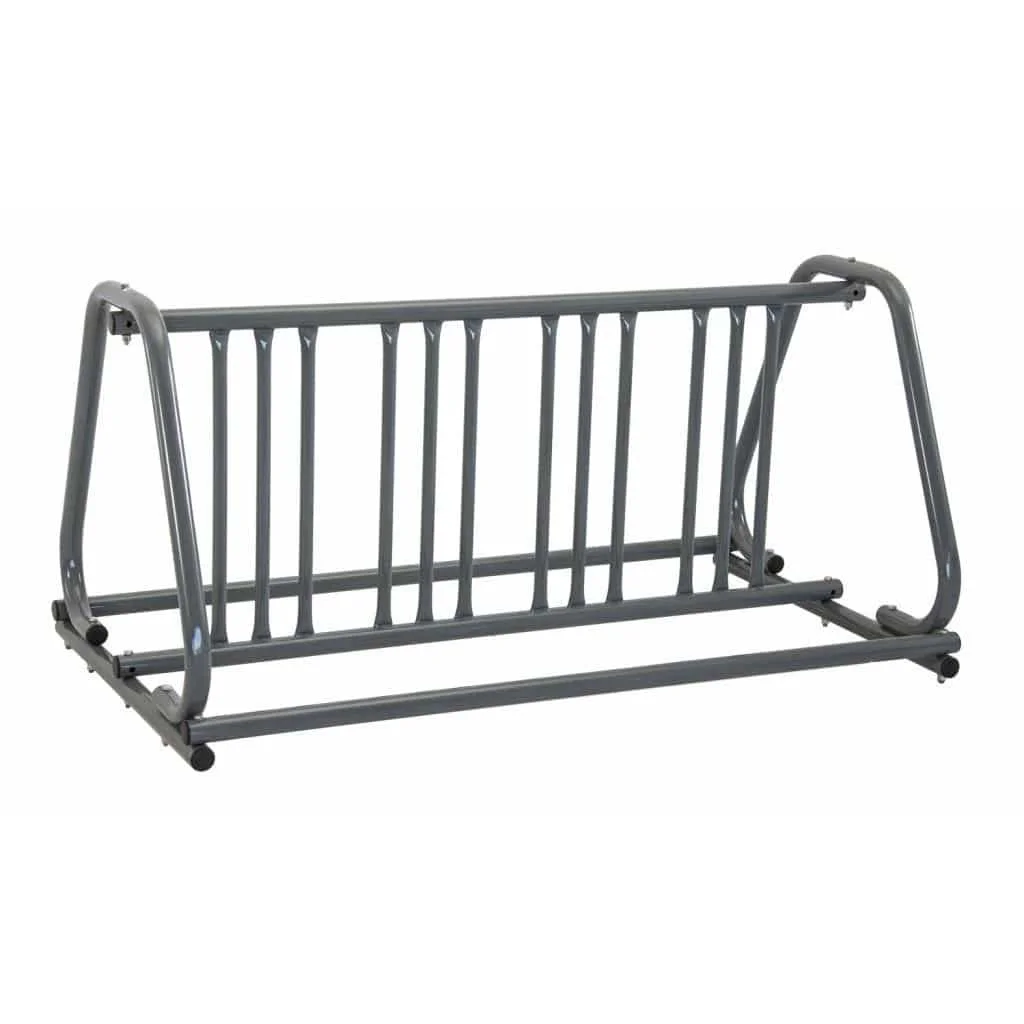 5052c Gray metal bike rack on a white background.