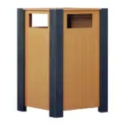 Outdoor trash can with blue trim and orange panels.