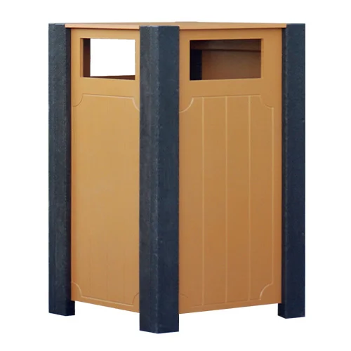 609fc7_af0014a4685f4f92a80ac3301cf36e67 Outdoor trash can with blue trim and orange panels.
