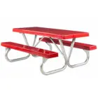 Red picnic table with metal legs and benches.