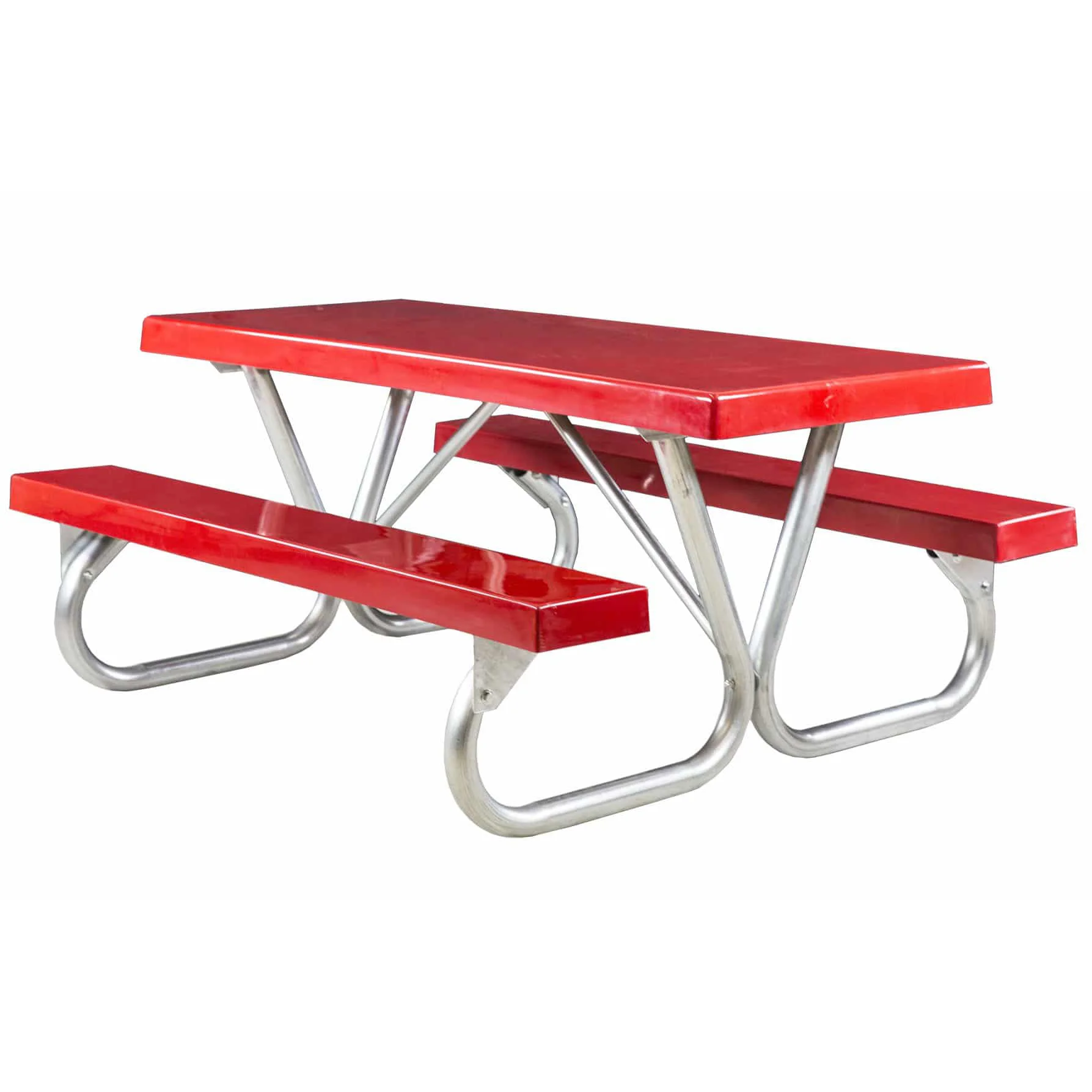 62BGF-red Red picnic table with metal legs and benches.