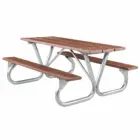 Outdoor picnic table with metal frame and wooden seats.
