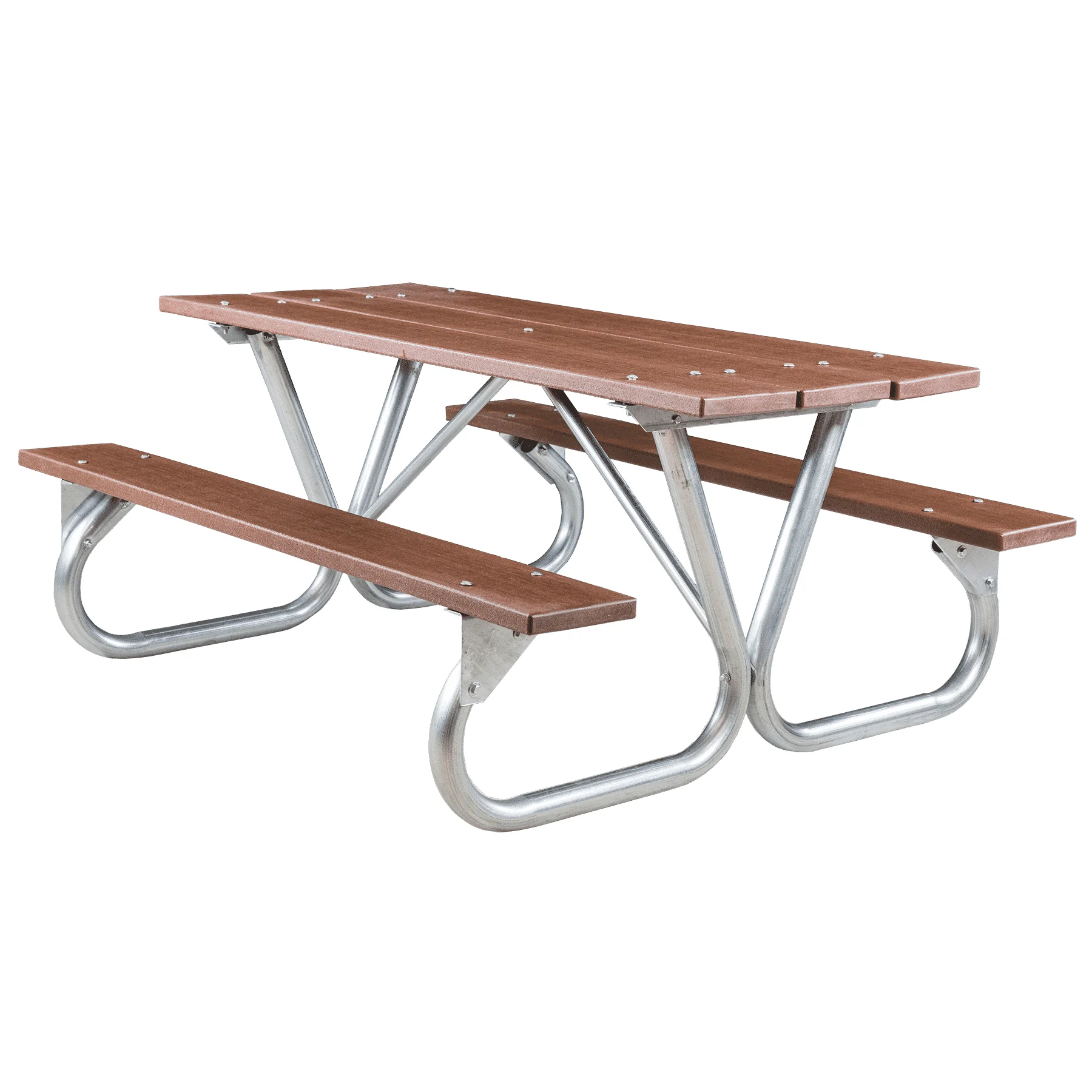 62BGRRPBrown Outdoor picnic table with metal frame and wooden seats.