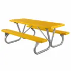 Yellow metal picnic table with silver legs and benches.