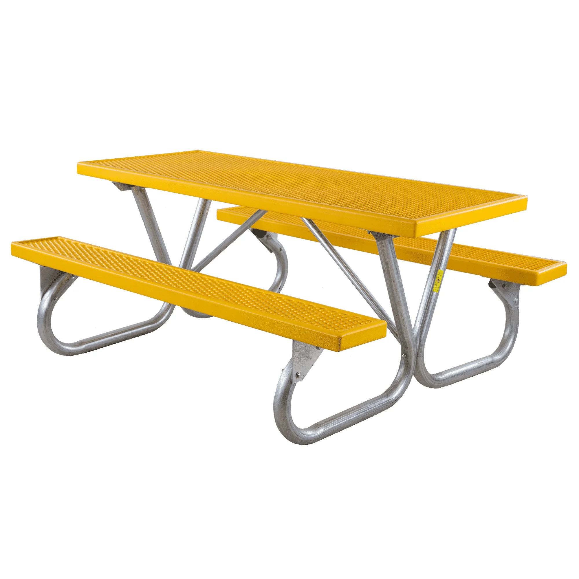 62GBVPYellow Yellow metal picnic table with silver legs and benches.