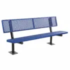 Blue metal bench with perforated backrest and black legs.