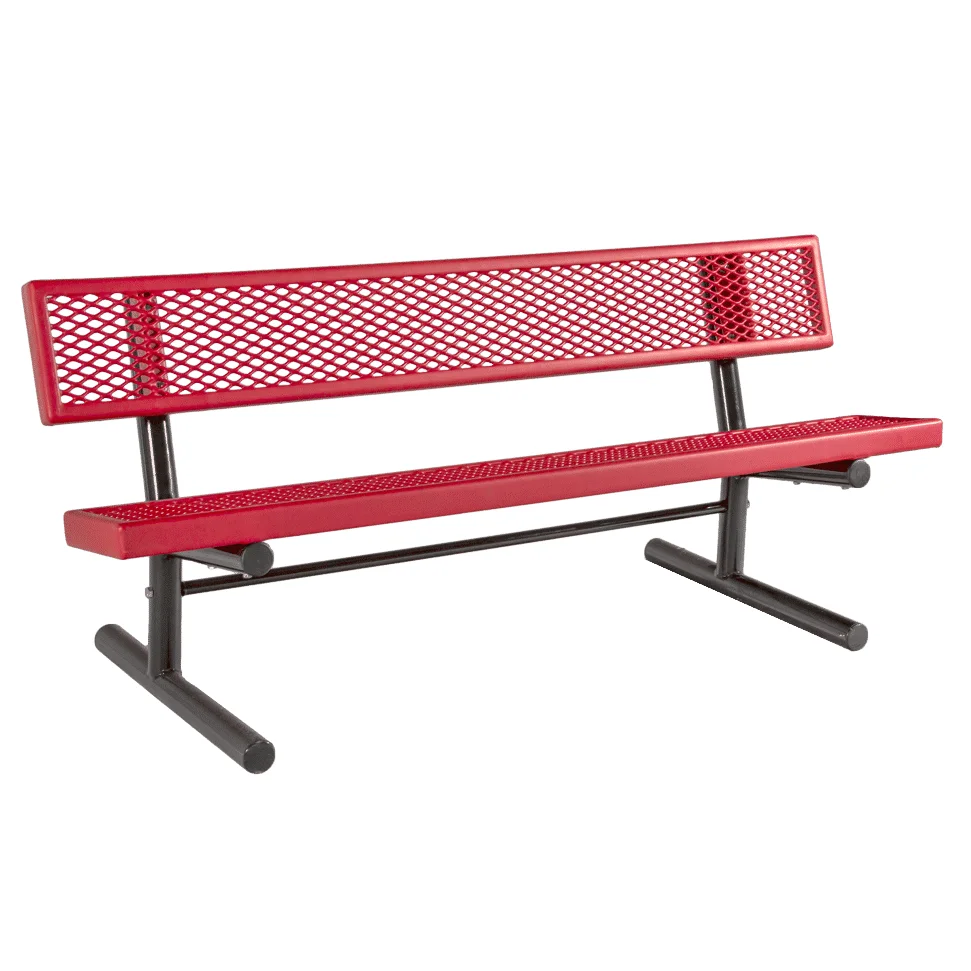 62PCVP Red metal bench with a mesh backrest and black legs.
