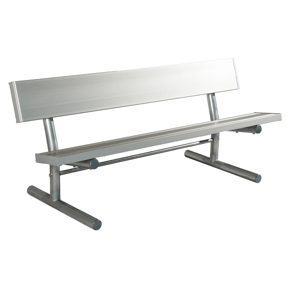 62PGA-Scene Silver metal bench with backrest and adjustable legs.