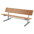 Wooden bench with metal frame and armrests.