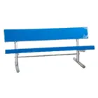 Blue bench with metal frame and backrest.
