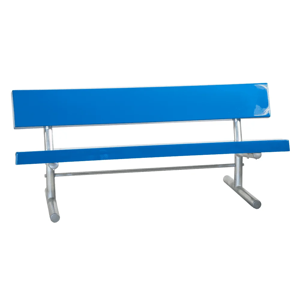Blue bench with metal frame and backrest.