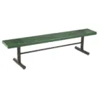 Green metal bench with perforated surface and black legs.